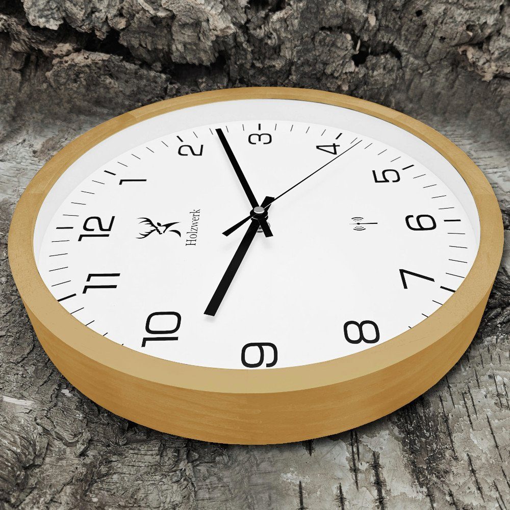Holzwerk Funkwanduhr ARNSBURG Designer Funk Holz Wand Uhr, beige, weiß (lautlos ohne Tickgeräusche, 30 cm)