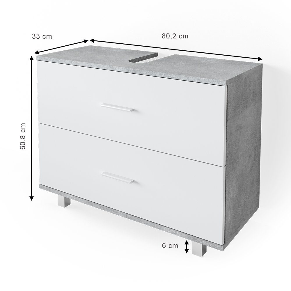Vicco Waschbeckenunterschrank Waschtischunterschrank Badschrank ILIAS Beton Weiß Schublade