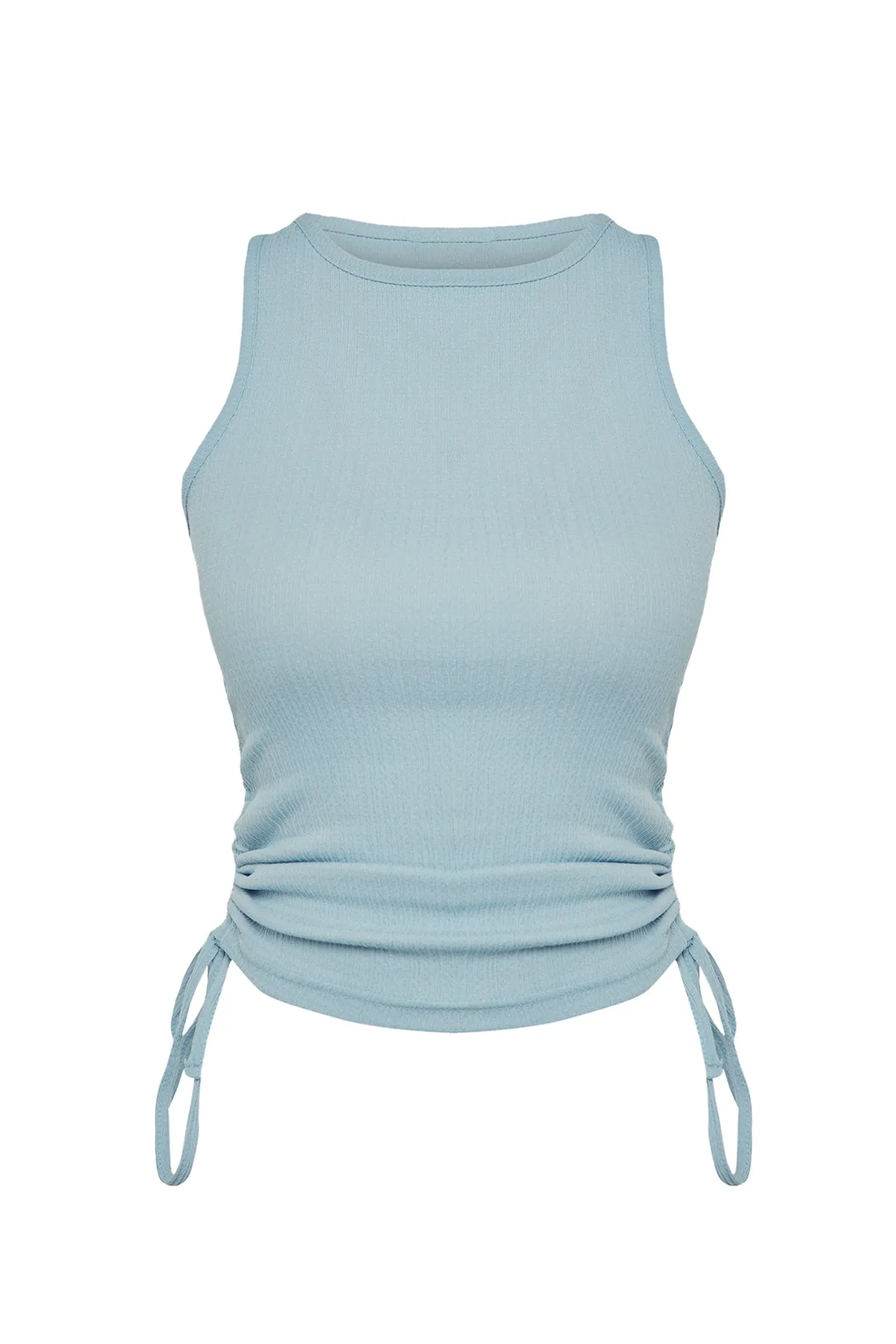 Trendyol Collection  Hellblaue Crop-Strickbluse aus Twist-Stoff mit Rüschen und Details THMSS22BZ1016