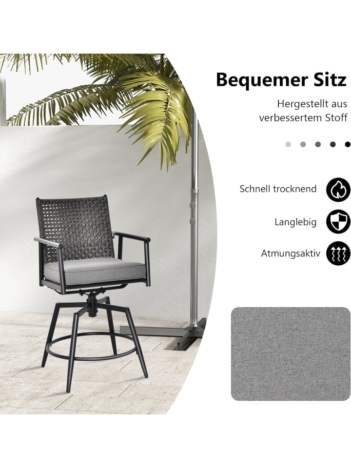 COSTWAY 2er Set Barhocker mit 2-lagiger PE-Rattan-Rückenlehne in Schwarz günstig kaufen onesize
