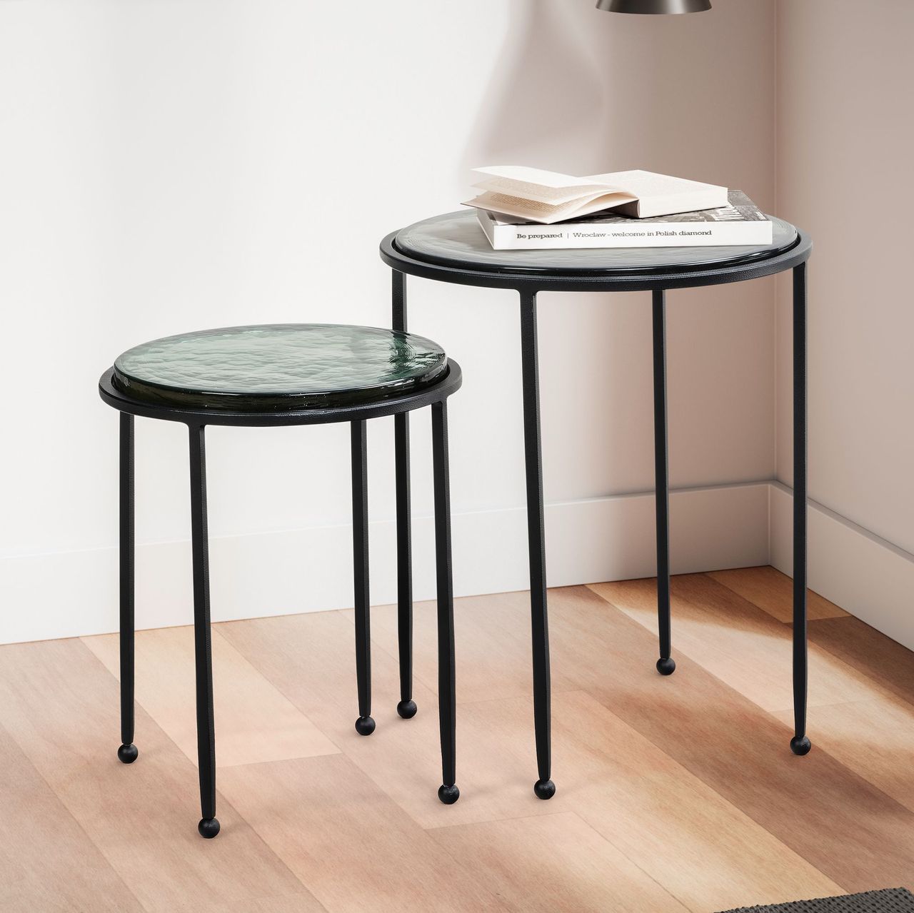 Wohnling Satztisch Glas Metall Grün Schwarz
