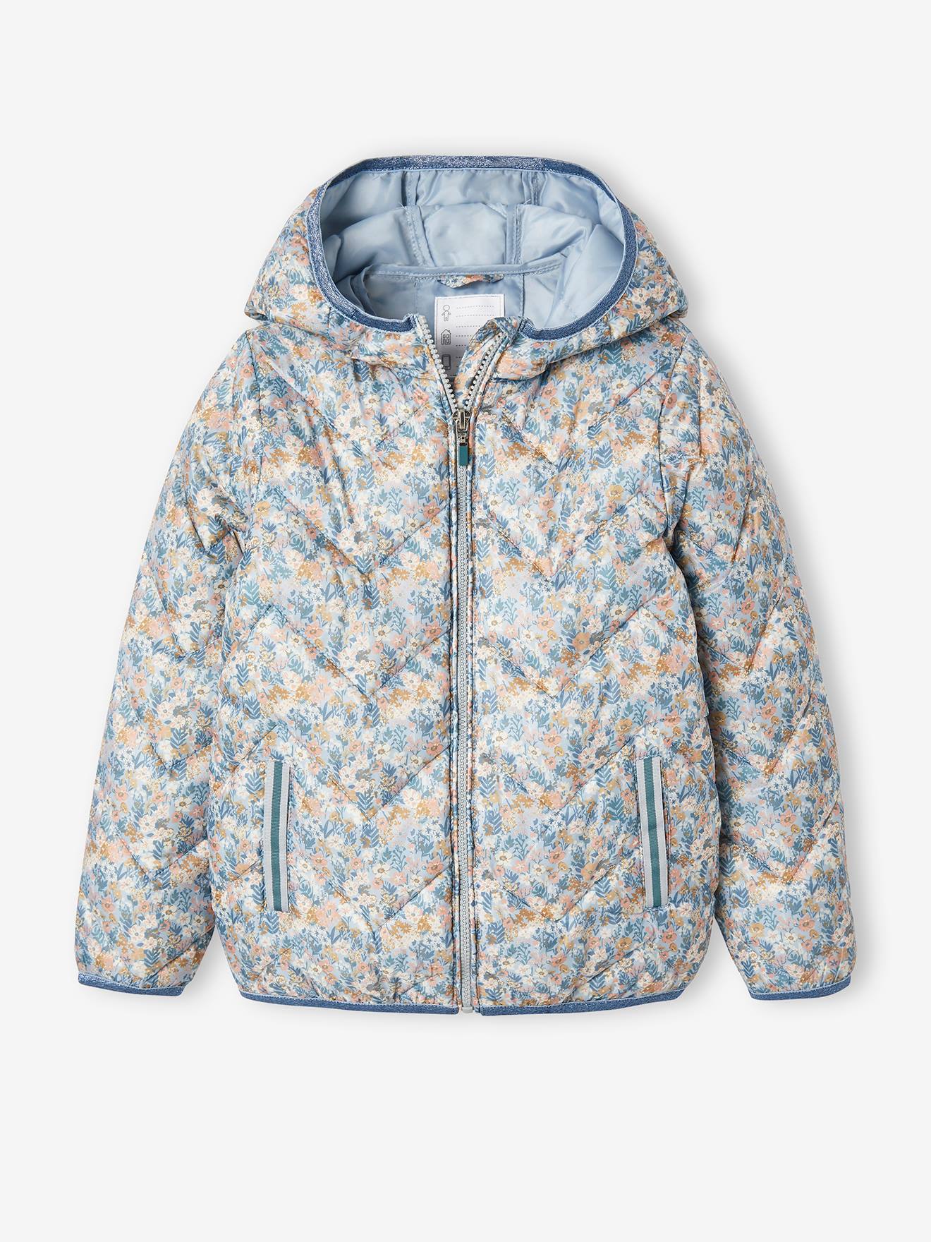 Doudoune légère à capuche fille motifs imprimés moutarde imprimé