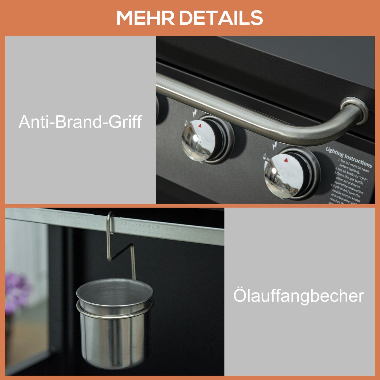 Outsunny Gasgrill BBQ mit 3 Brennern je 3 kw mobiler Grillwagen mit 4 Rädern Grillnetz Seitentischen Druckminderer Schläuche Schrank Multifunktion Stahl Schwarz 121 x 55 x 109 cm
