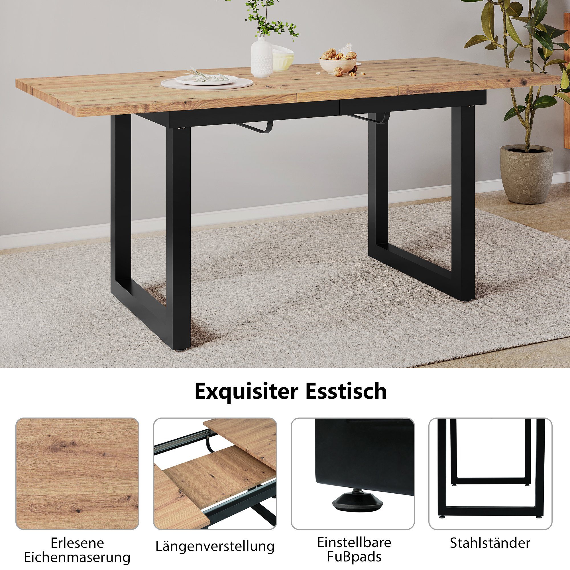 Flieks Esstisch (1-St), ausziehbar 140-180cm Tischplatte Esszimmertisch rechteckig, Eisenbeine