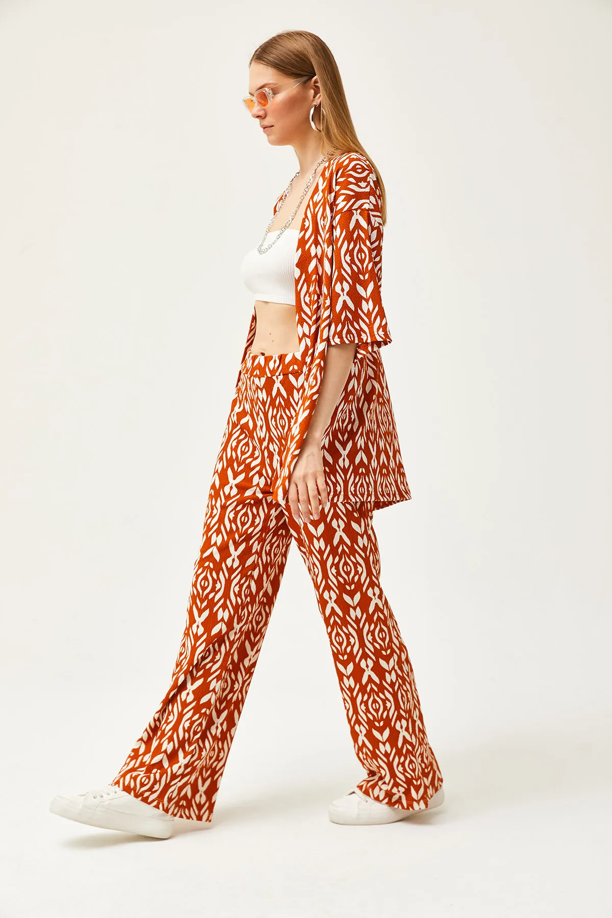 Olalook  Damen Zimt Oberteil Kimono Unterteil Hose Gemusterter Anzug TKM-19000279