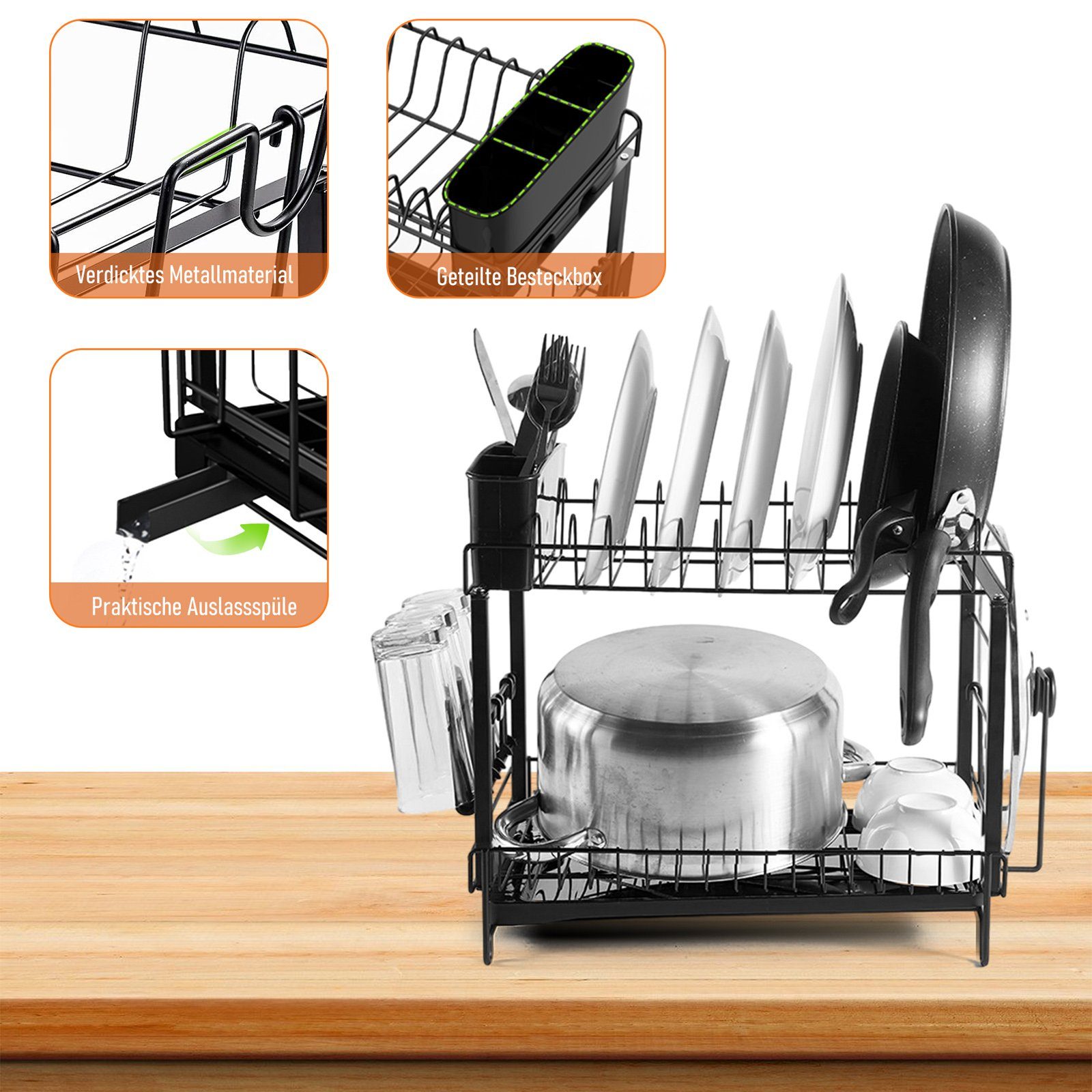 CALIYO Geschirrständer Abtropfgestell Geschirr, 2-stufiges Geschirrabtropfgestell Edelstahl, Geschirr Abtropfständer Abtropfgitter, Dish Drying Rack Drainer