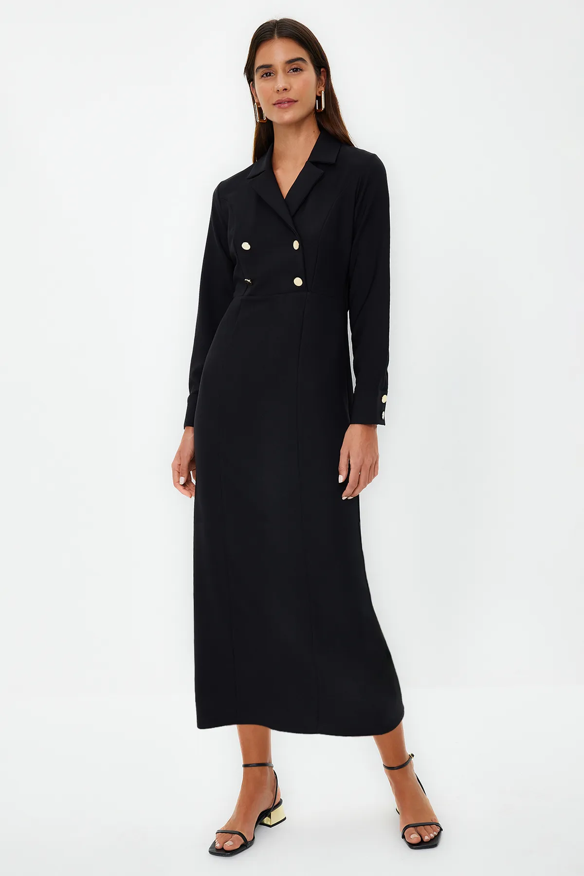 Trendyol Modest  Schwarzes, zweireihiges, gewebtes Kleid mit Kragen und Knöpfen TCTSS24EB00020