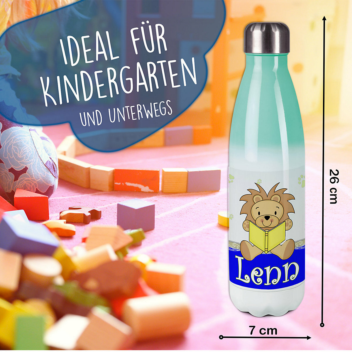 Edelstahl Kinder Thermoflasche / Trinkflasche bunt Leselöwe Farbe blau Spülmaschinenfest, Auslaufsicher, Bruchfest, Doppelwandig, Für Heißgetränke geeignet, Mit Deckel, Isoliert