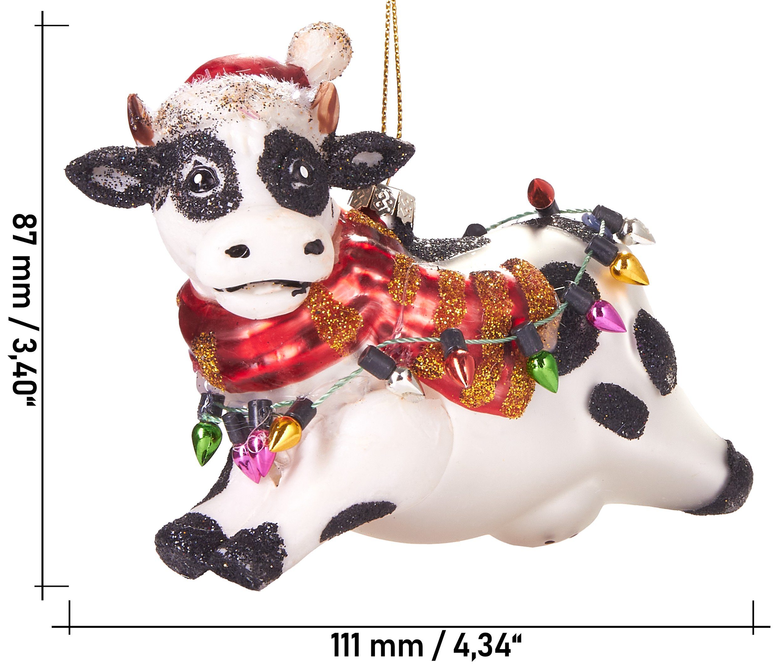 BRUBAKER Christbaumschmuck Kunstvolle Weihnachtskugel Kuh mit Lichterketten, mundgeblasene Weihnachtsdekoration aus Glas, handbemalt - 11 cm