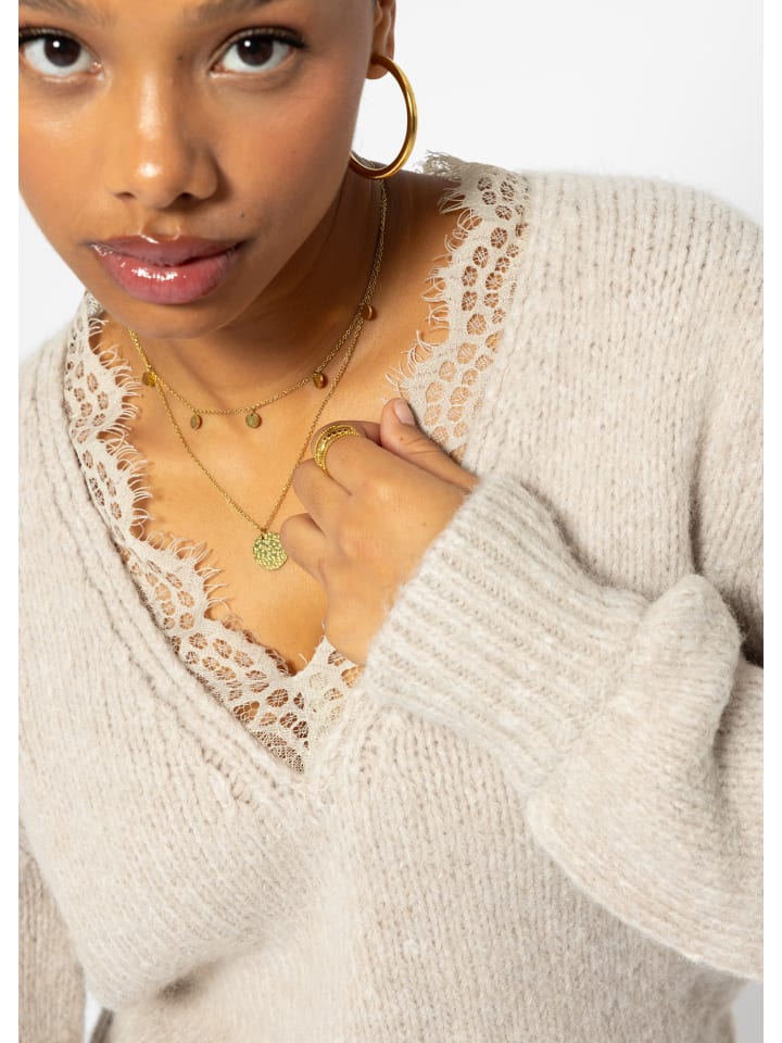 SASSYCLASSY Strickpullover mit Spitzendetail am Ausschnitt. in Beige günstig kaufen