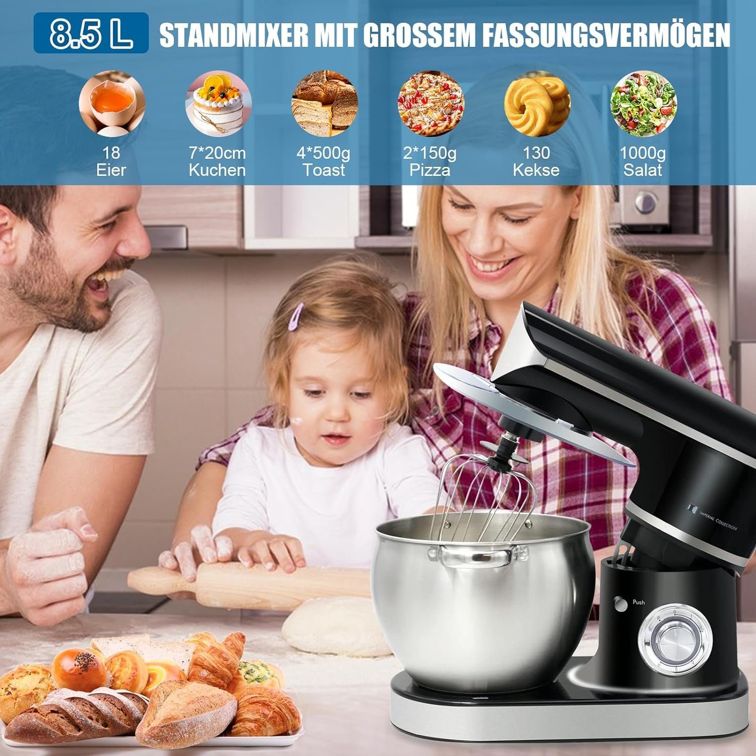 Kraftline Küchenmaschine Knetmaschine 2200W 6 Gänge 8.5 L Füllmenge Spülfest, 2200,00 W, 8,50 l Schüssel