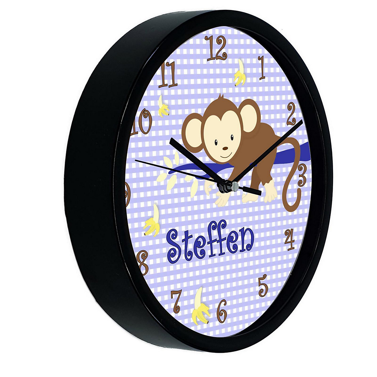 Kinder Wanduhr personalisiert mit Name Affe hängend Blau