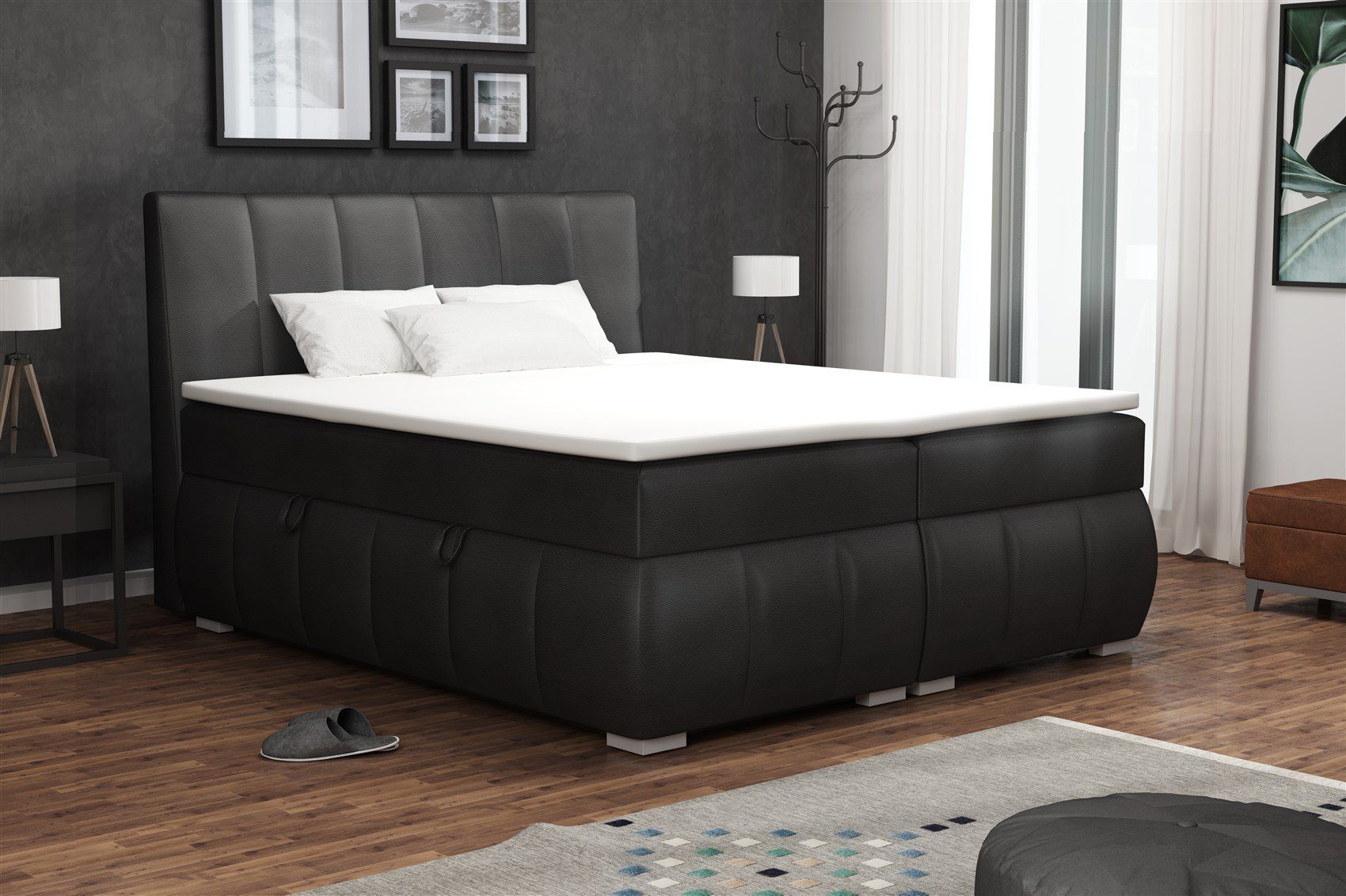 Fun Möbel Boxspringbett Boxspringbett Schlafzimmerbett VINCENZA in Kunstleder Schwarz (inkl. Bettkasten, 1-St., inkl. Kaltschaumtopper)