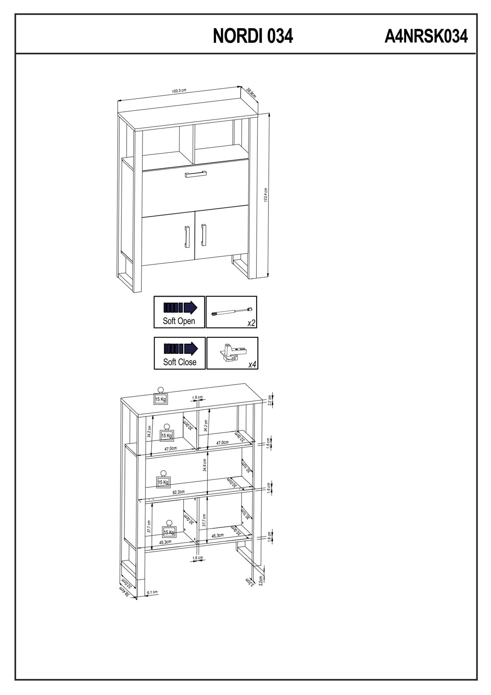 möbelando Barschrank Nordi Moderner Barschrank aus melaminharzbeschichteter Spanplatte, Front in Okapi-Nuss, Korpus in Schwarz/Okapi-Nuss, mit 3 Türen, 2 Einlegeböden und 2 offenen Fächern, Breite 100,3 cm, Höhe 133,4 cm, Tiefe 38,9 cm