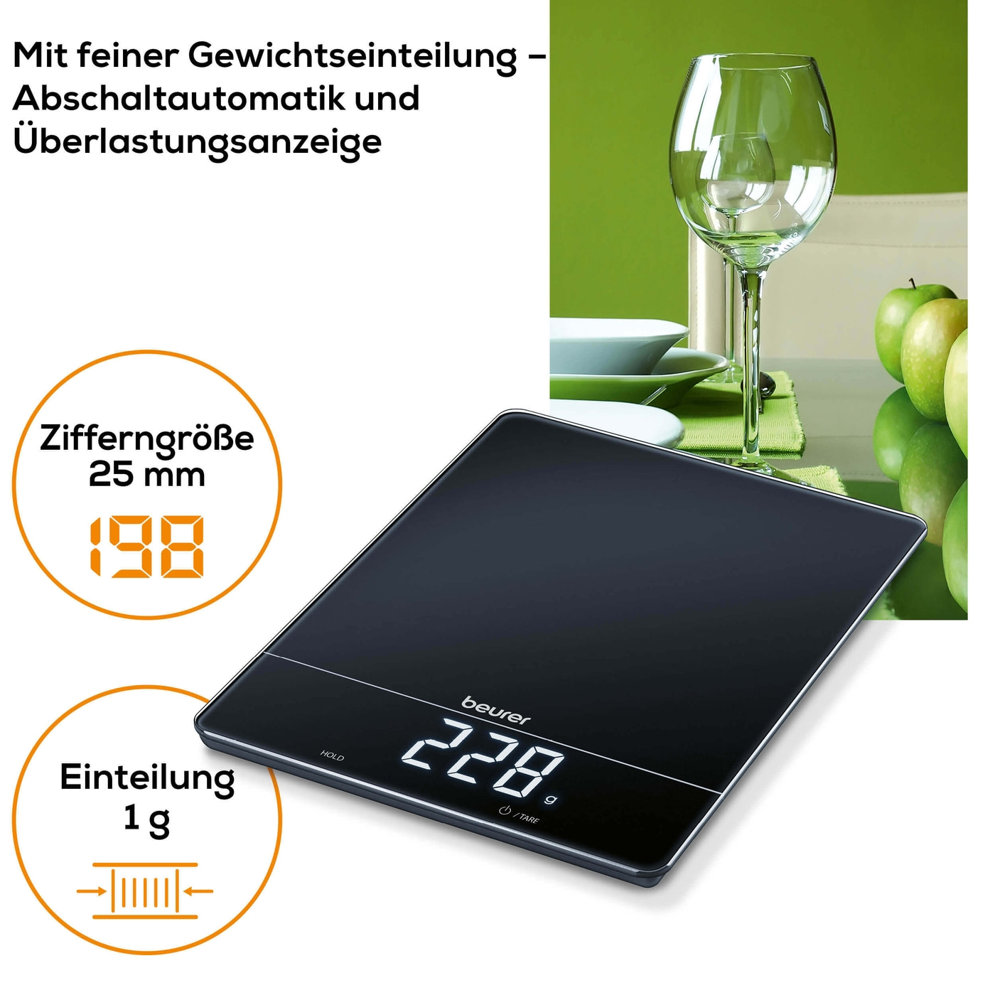 Beurer Küchenwaage KS 34-Edle Küchenwaage mit Glasoberfläche & Magic-Display - bis 15 kg