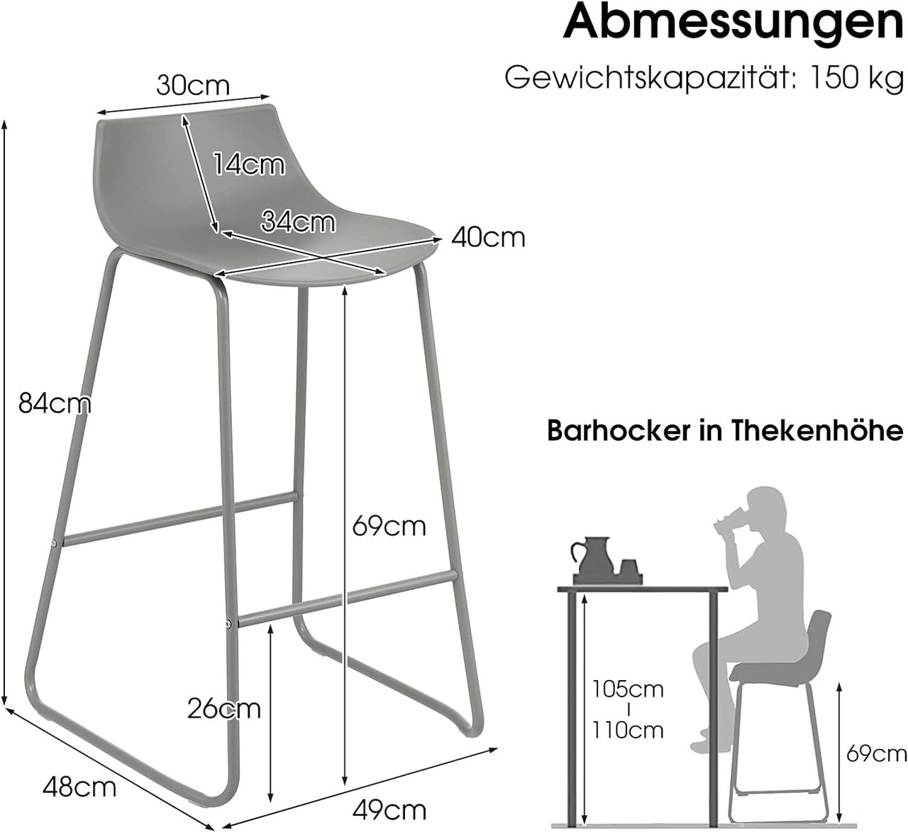 Costway 2er Set Barhocker modern, Barstuhl mit 69 cm Sitzhöhe