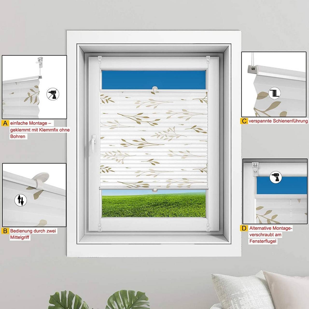 Plissee, Woltu, Faltrollo Klemmfix ohne Bohren beige