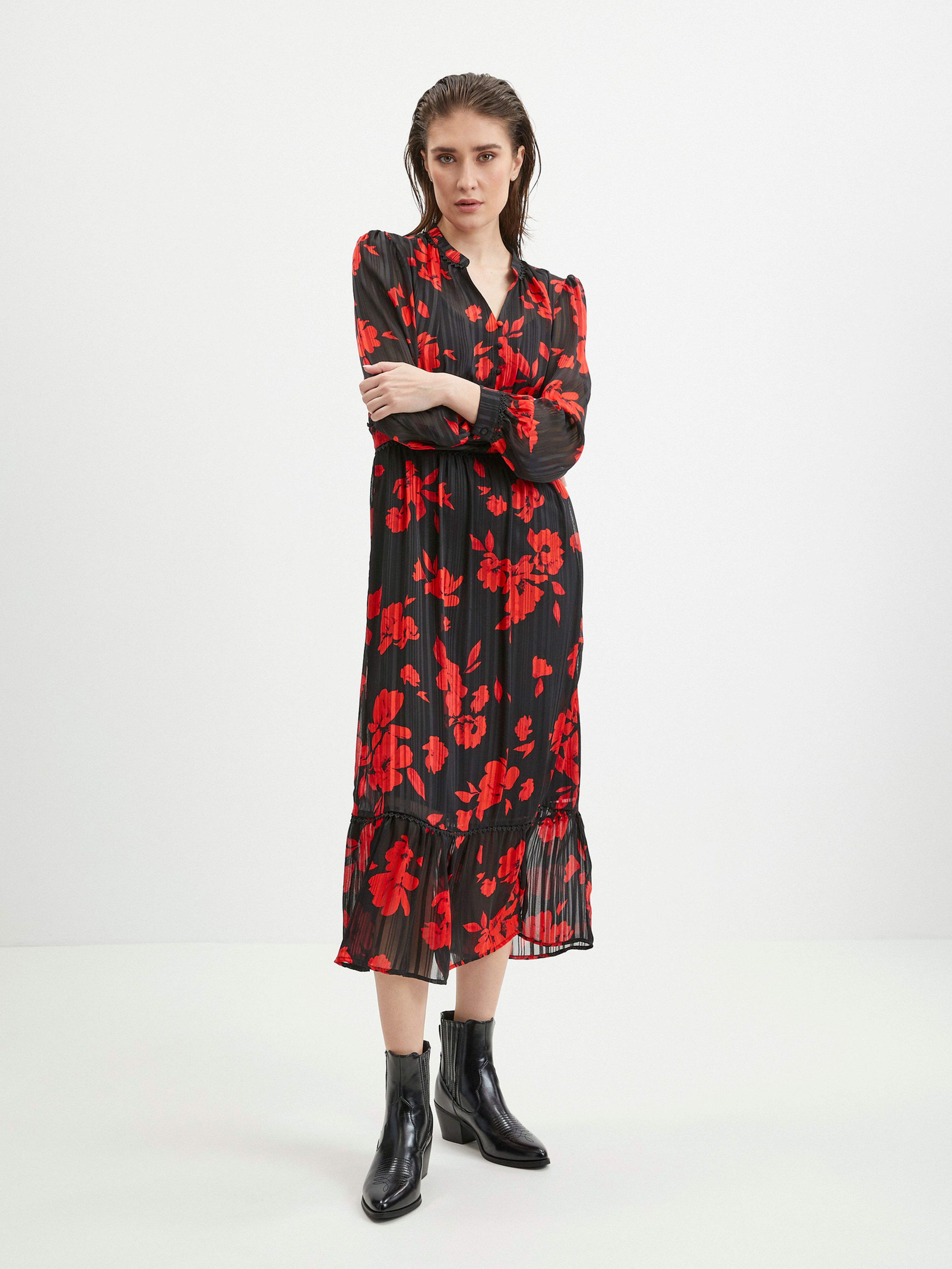 Rot-schwarzes Damen-Blumenkleid ORSAY