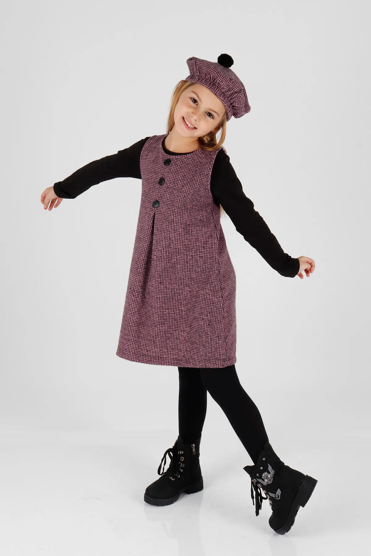 AHENGİM  Mädchen Hat Badili Kleid 3-teiliges Set Knopfdetailliert Ak2403