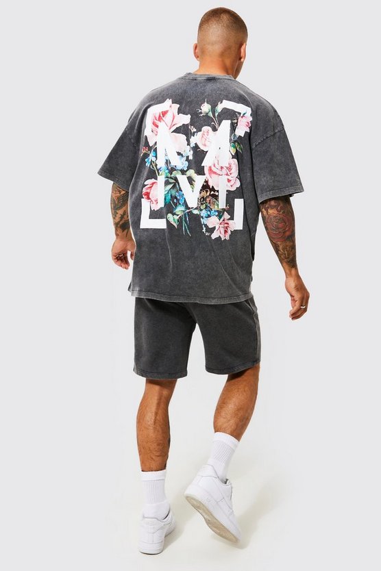 Oversize T-Shirt mit Acid-Waschung und floralem Print