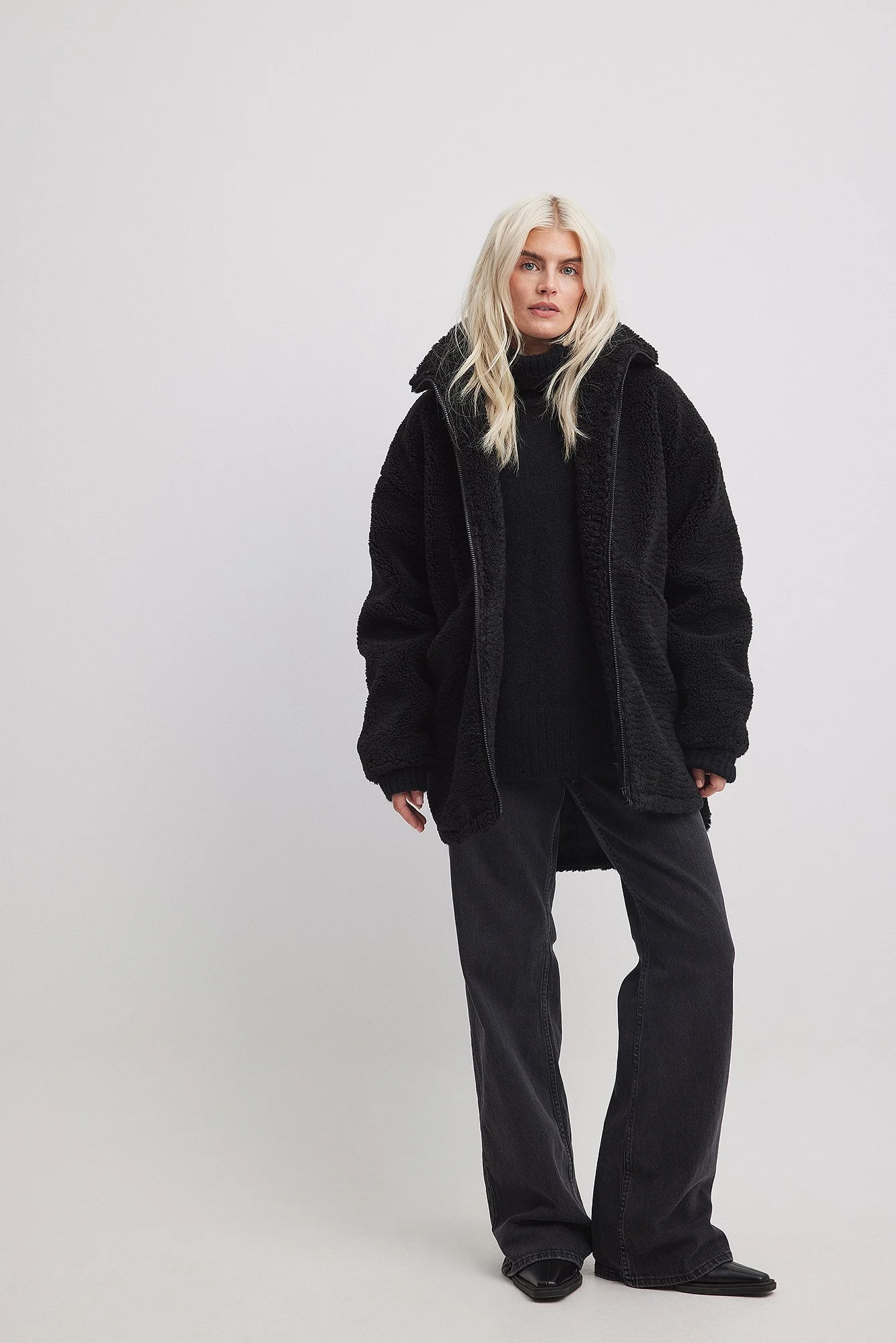Recycelte lange Teddy-Jacke mit Reißverschluss