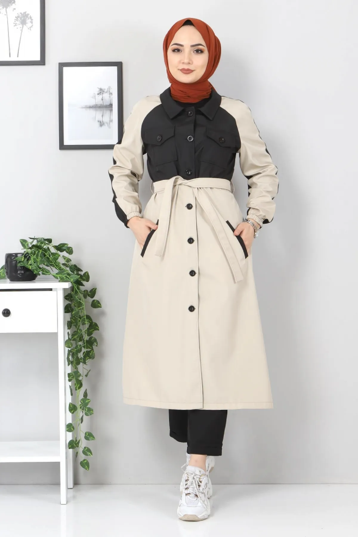 Tesettür Dünyası  Zweifarbiger Trenchcoat Tsd0919 Beige