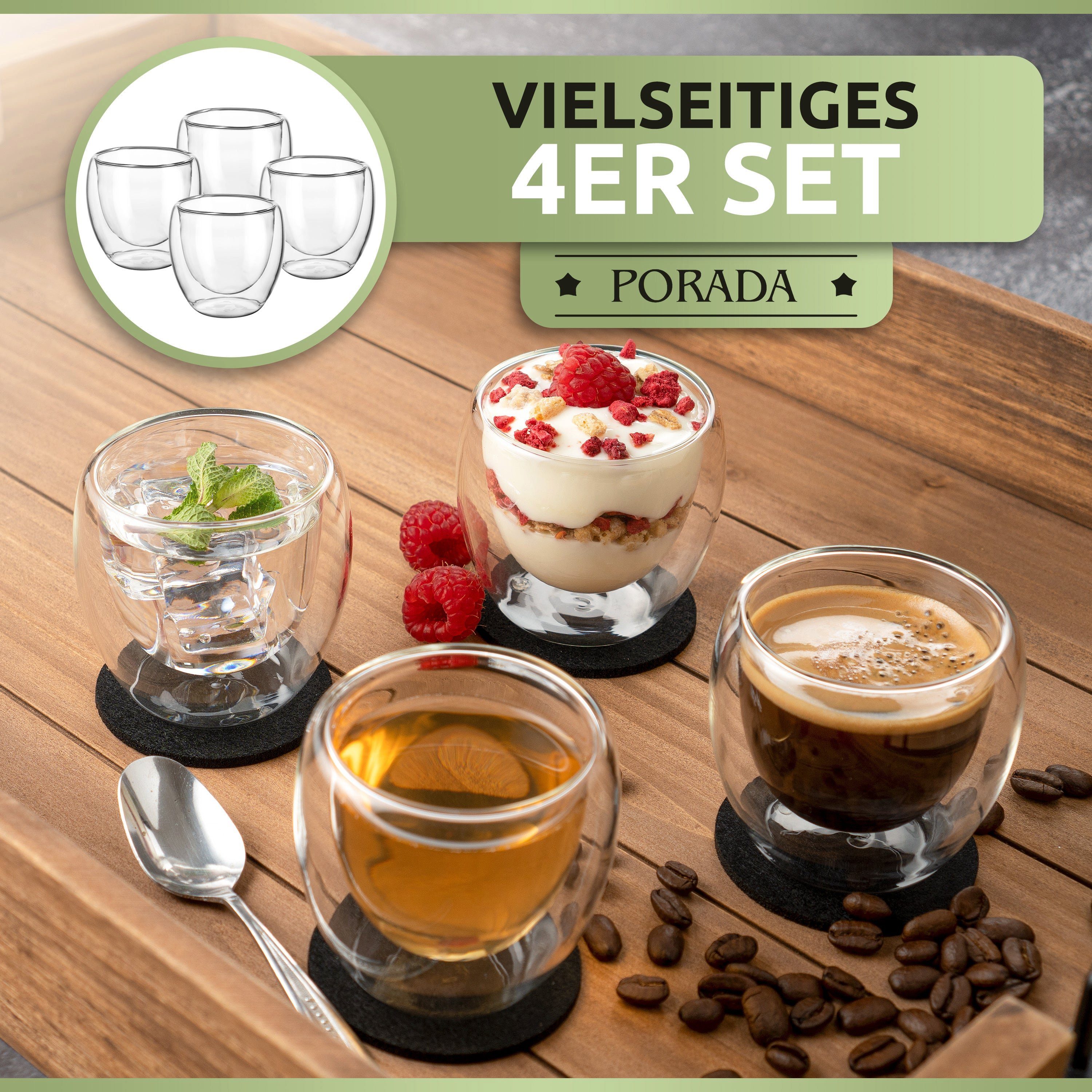 PORADA Espressoglas 4er Set doppelwandige Espresso Gläser 80ml, 4-teilig, Espresso Gläser-Set 80ml, doppelwandig, isolierend