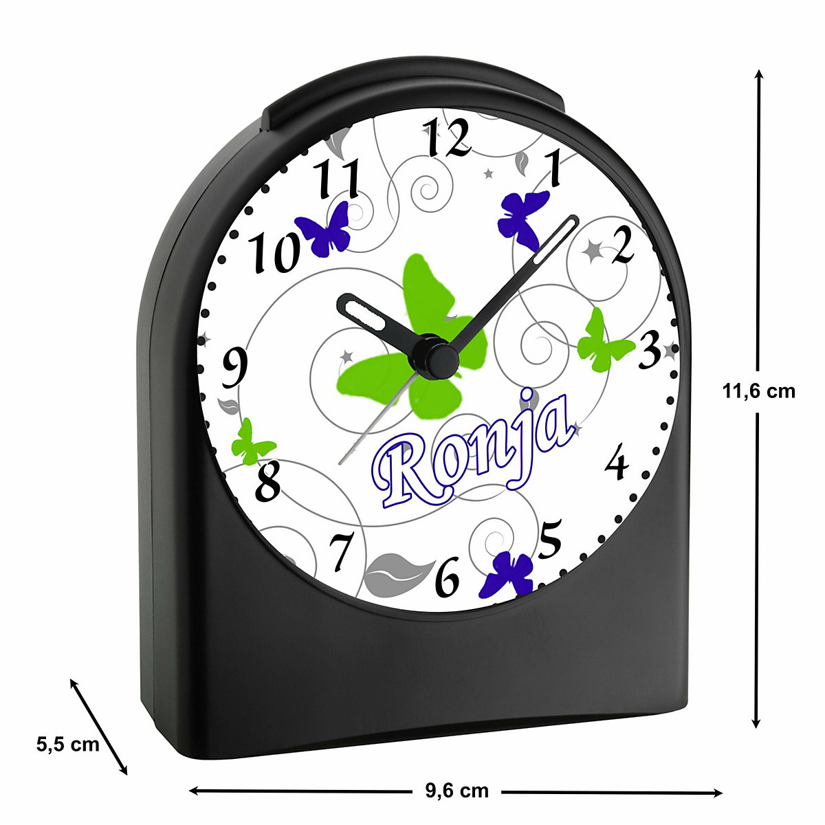 Kinder Funkwecker personalisiert mit Namen Schmetterling Ornamente Atom-/Funkuhr, 12-Stunden-Anzeigeformat, Schlummerfunktion, Nachtlicht, Geräuschlos/Ohne Ticken
