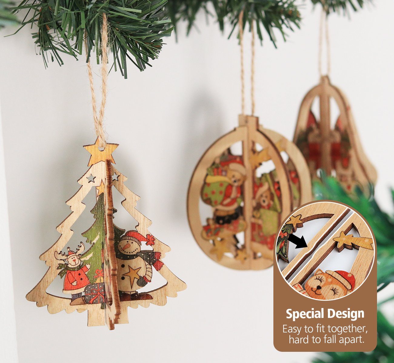 Homewit Christbaumschmuck 3D Weihnachtsbaumschmuck Weihnachtsbaum Holz Anhänger Dekoration (6-tlg), Holz Ornamenten für Weihnachtsbaum Weihnachtsmann Weihnachtsglocken