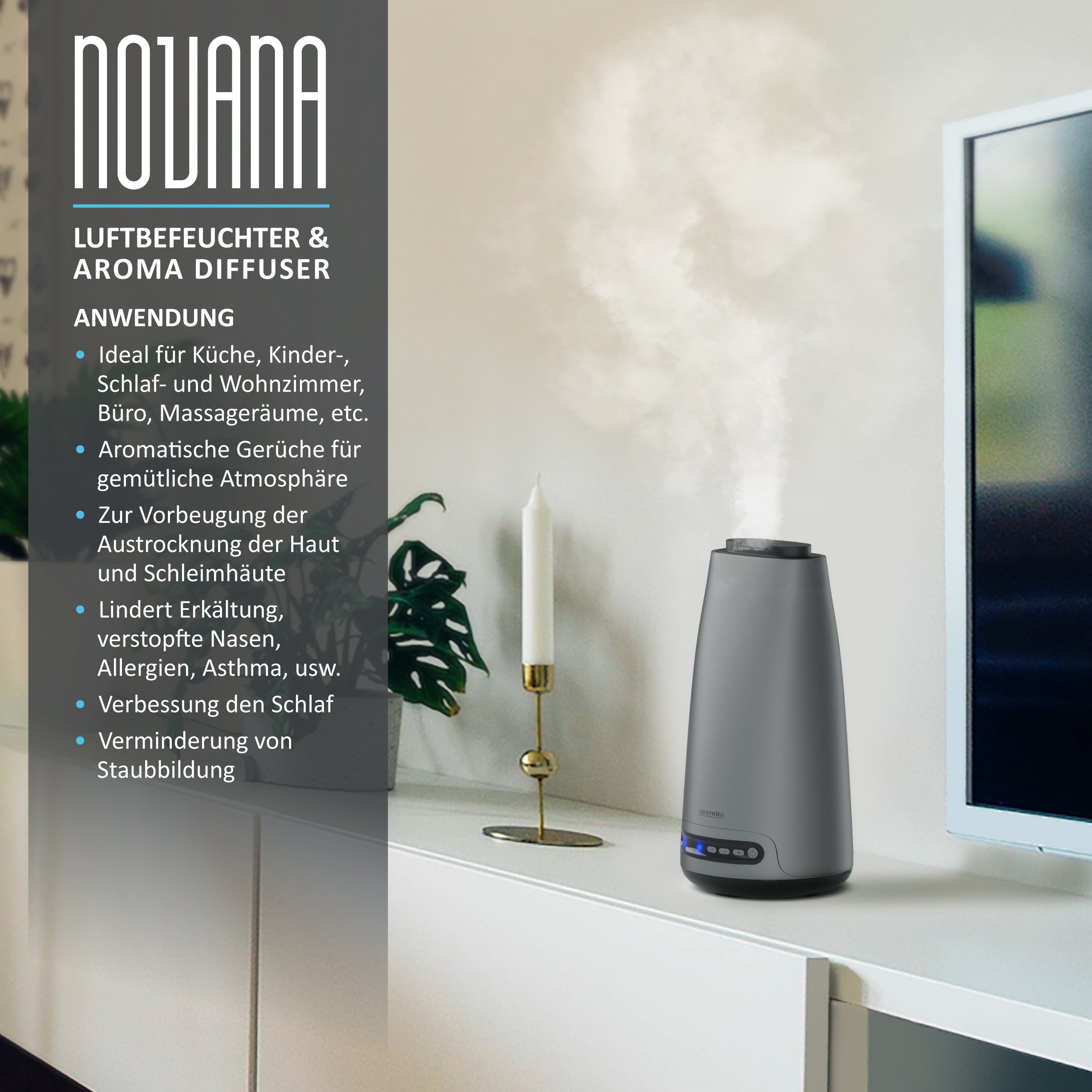 Arendo Luftbefeuchter, 2 l Wassertank, Design Luftbefeuchter mit Aroma-Reservoir - Novana