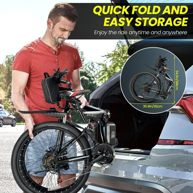 Gocio 26 in. Electric Bike for Adults, 500W Folding Electric Mountain Bicycle Max 50Miles, Full Suspension, 48V Foldable E-Bike with Removable 374.4Wh Lithium-Ion Battery Electric City Bike