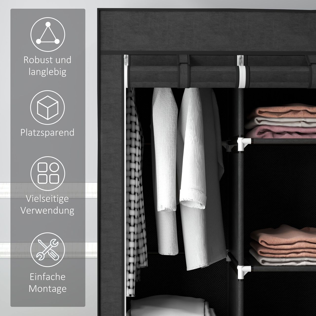 HOMCOM Stoffschrank, Faltschrank, Kleiderschrank mit Kleiderstange, 8 Ebenen