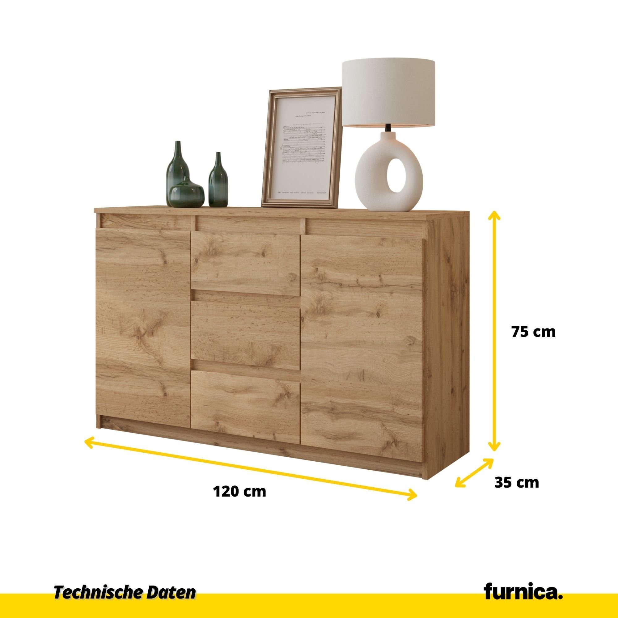 Furnica Kommode MIKEL, 3 Schubladen und 2 Türen - Votan Eiche H75cm B120cm T35cm (1 St)