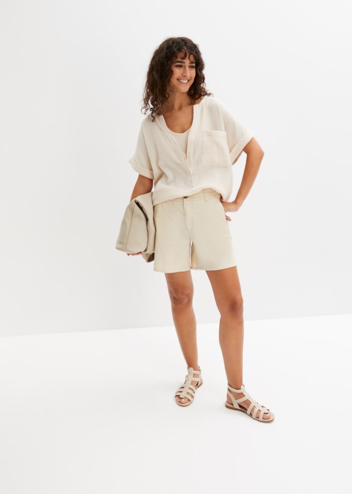 Musselin-Bluse mit Knopfleiste und Tasche
