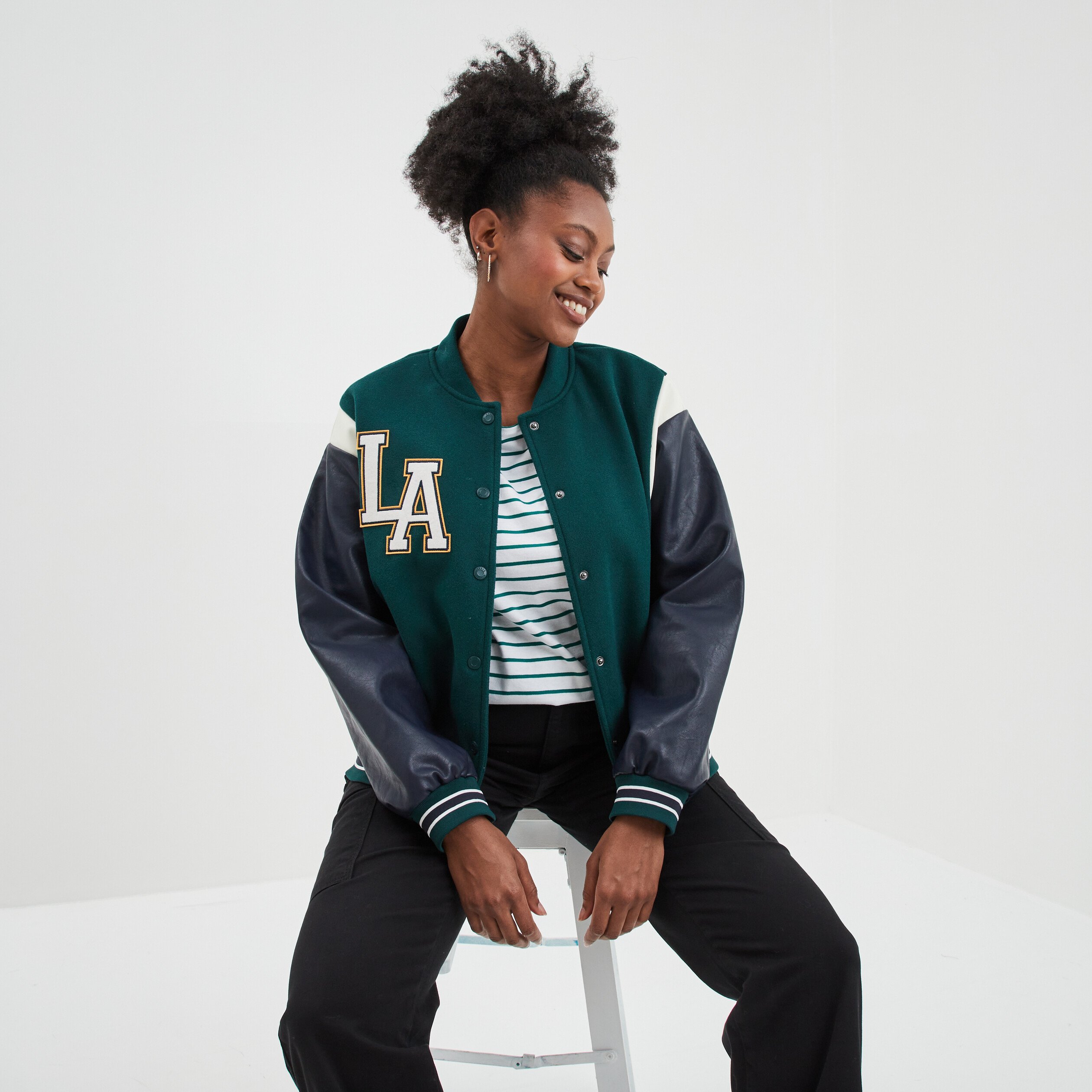 Veste varsity manches simili cuir Creeks vert émeraude femme | La Halle