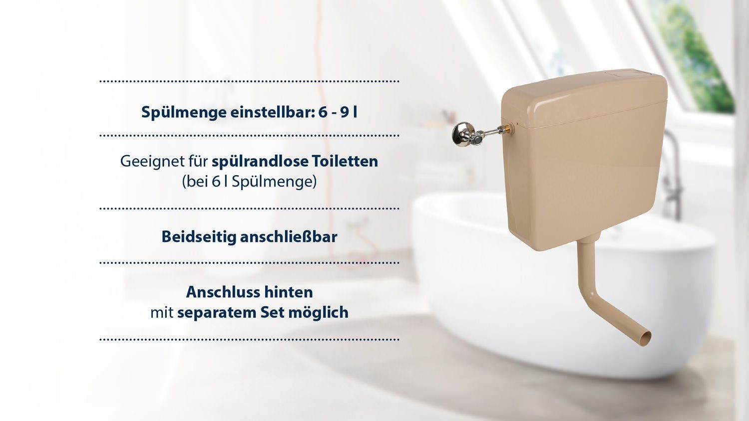 SANITOP WINGENROTH Spülkasten Opal, 9 l, Komplett-Set, Anschluss links oder rechts, Anschlussset hinten separat, Aufputz, Beige-Bahamabeige, Spül-Stopp Taste, Sparspülung, 210225