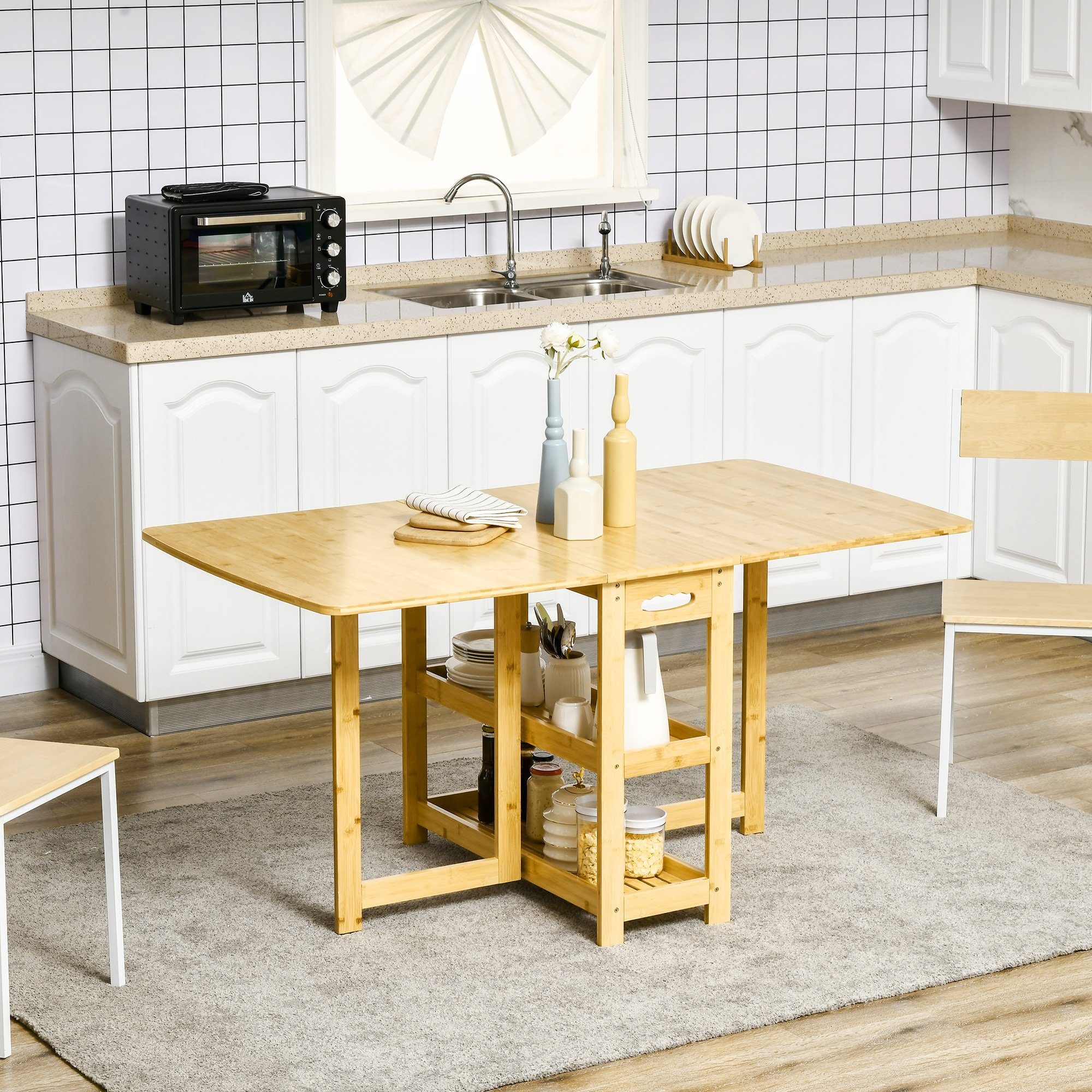 HOMCOM Klapptisch Esstisch, zwei klappbare Seiten, zwei Ablagen, 149,5 x 80 x 73,5cm (Set, 1-St., 1 x Klapptisch), Breite 80 cm