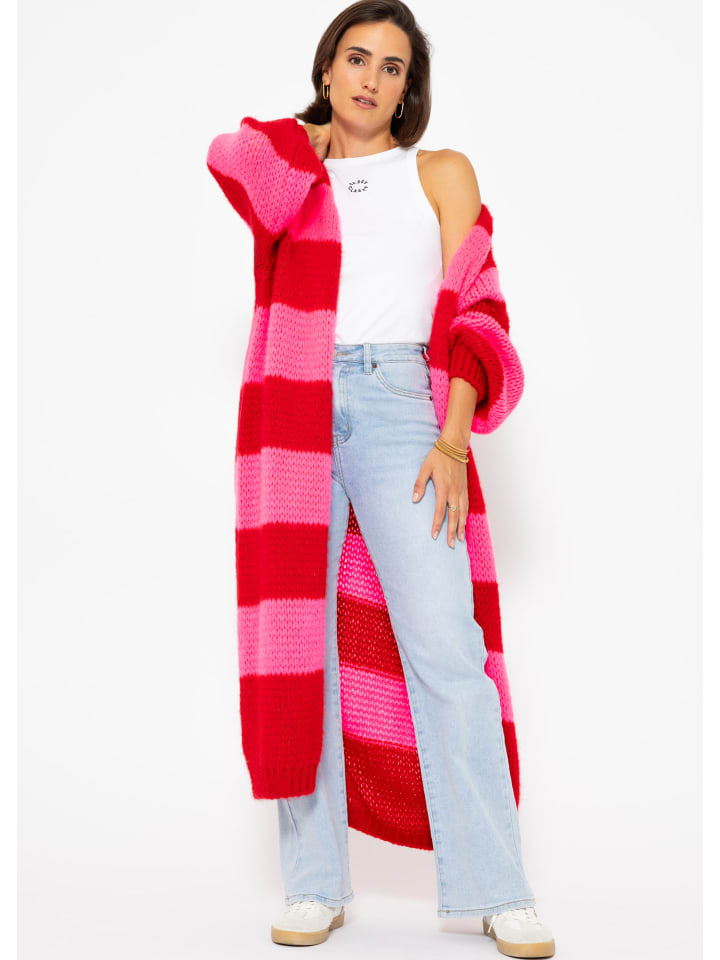 SASSYCLASSY Langer Cardigan mit Blockstreifen in Rot günstig kaufen