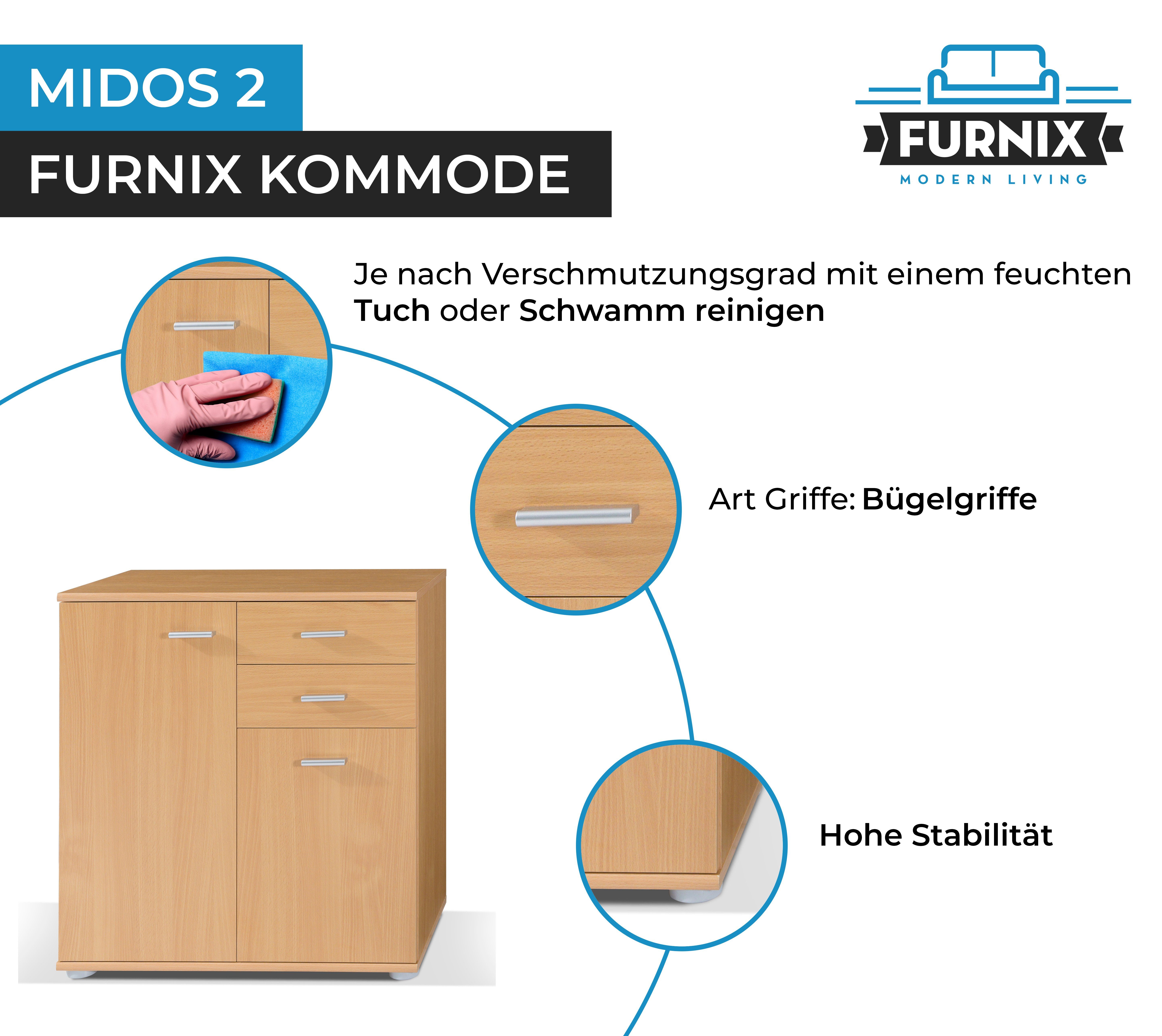 Furnix Kommode multifunktionaler klassischer Schrank MIDOS 2, mit 2 Türen und 2 Schubladen, B71 x H75 x T35 cm