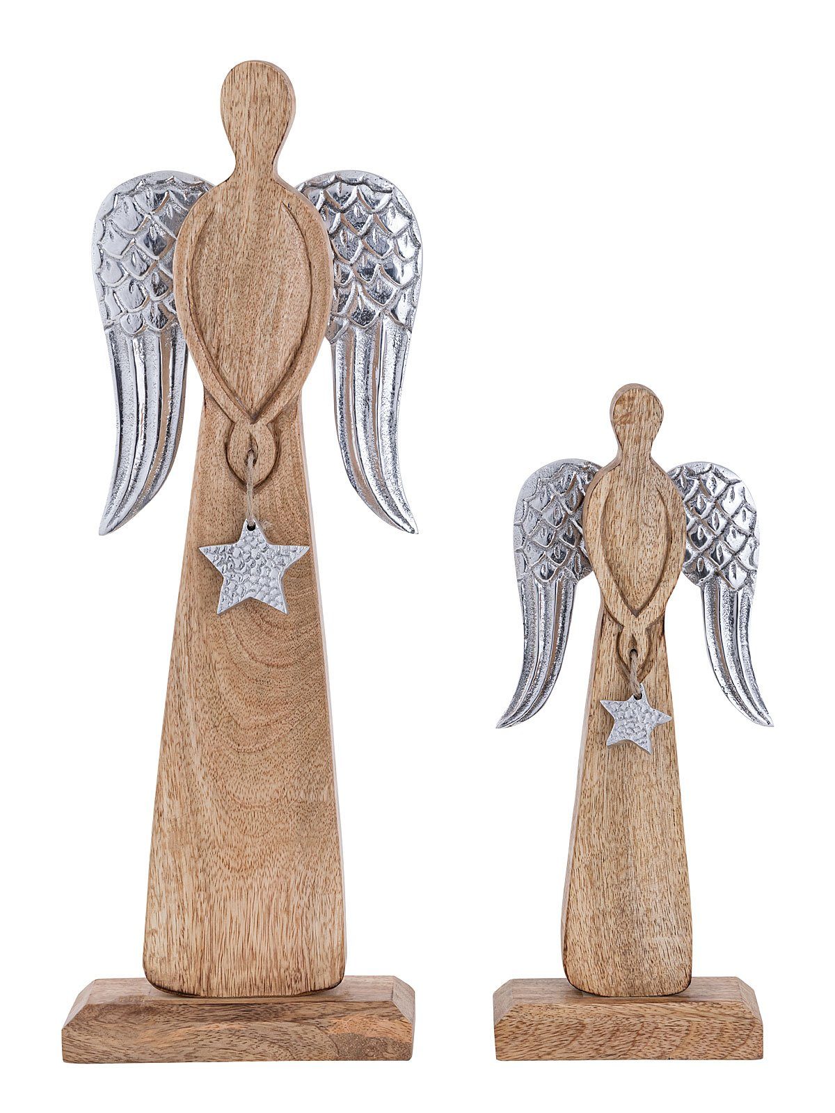 Casamia Dekofigur Dekofigur Engel 2er Set 12/16x32/47cm Weihnachten Mangoholz Aluminium
