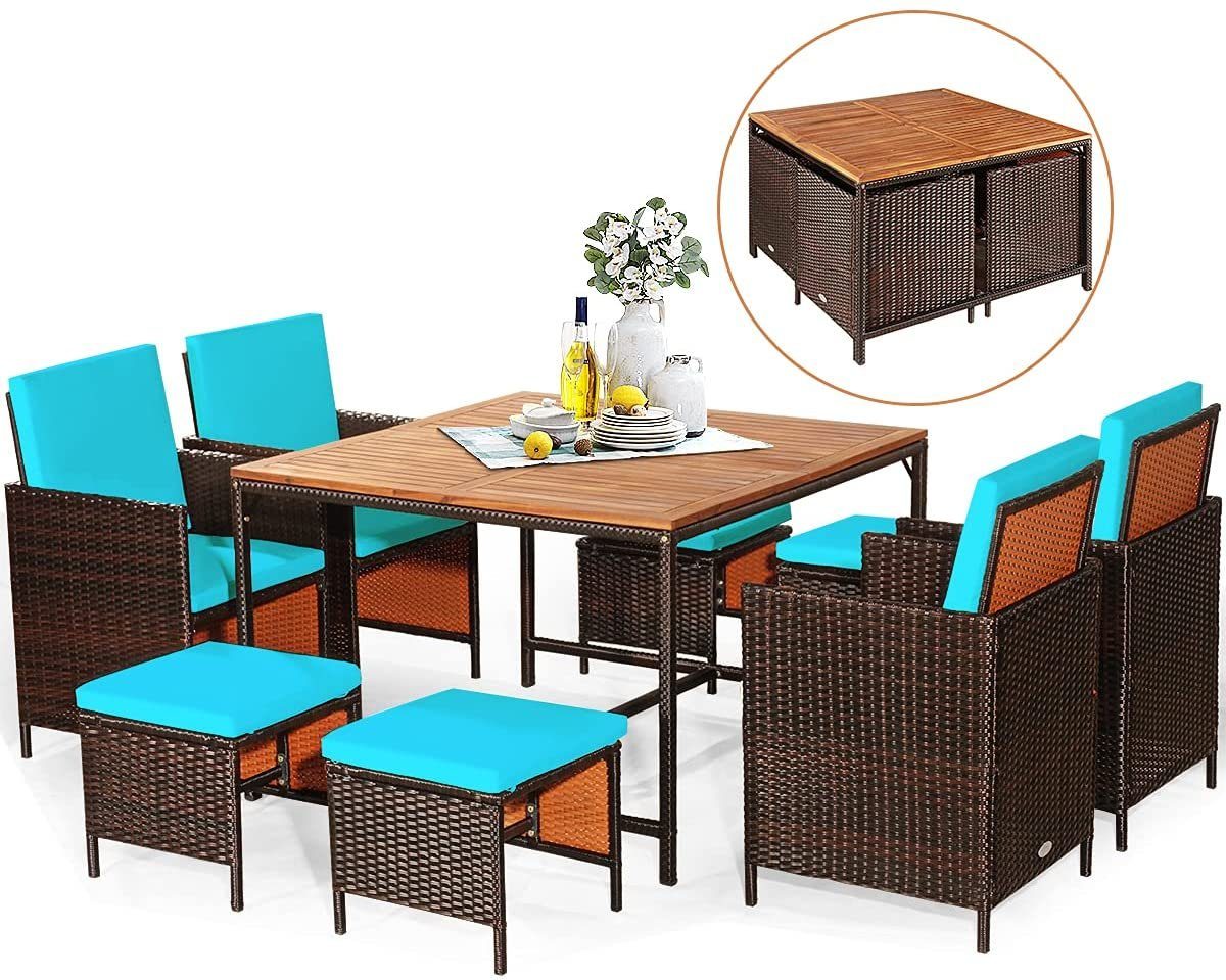 COSTWAY Garten-Essgruppe, (9-tlg), Rattan, 8 Personen, mit Schrimloch&Kissen