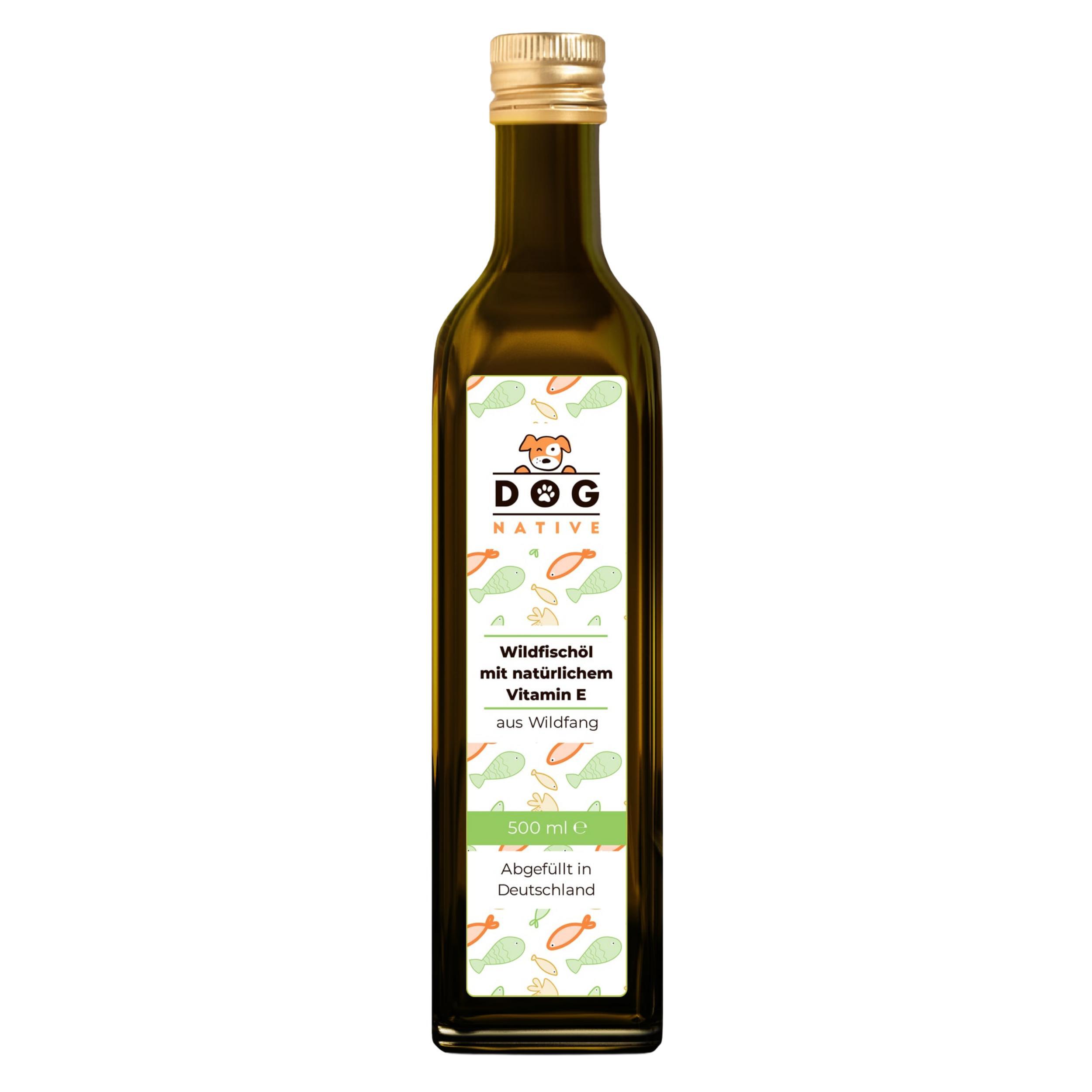 Dog-Native Ergänzungsfutter & Aufzucht Dog-Native Wildfischöl für Hunde aus nachhaltigem Wildfang mit natürlichem Vitamin E, Omega 3 Öl, Fischöl in Glasflasche, kein Lachsöl, 500ml