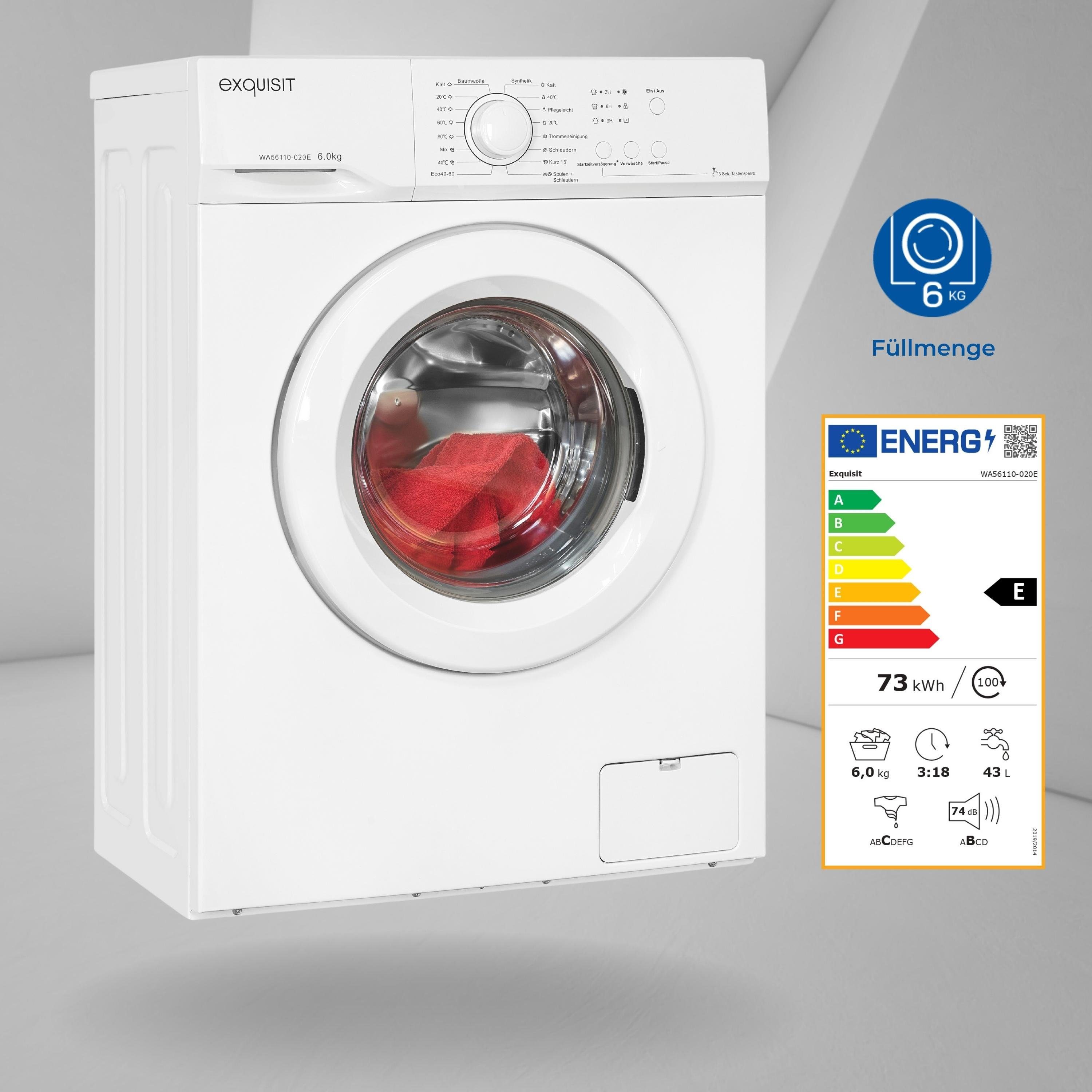 exquisit Waschmaschine WA56110-020E, 6 kg, 1000 U/min, einfach, kompakt und ideal für den kleinen Haushalt
