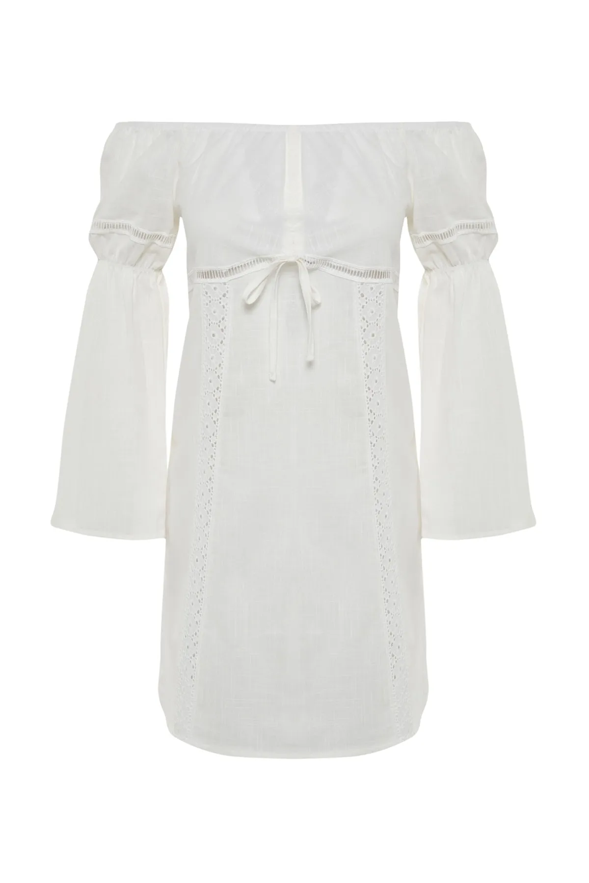 Trendyol Collection  Ecrufarbenes Mini-Strandkleid aus 100 % Baumwolle mit Webband-Accessoires TBESS23EL00207