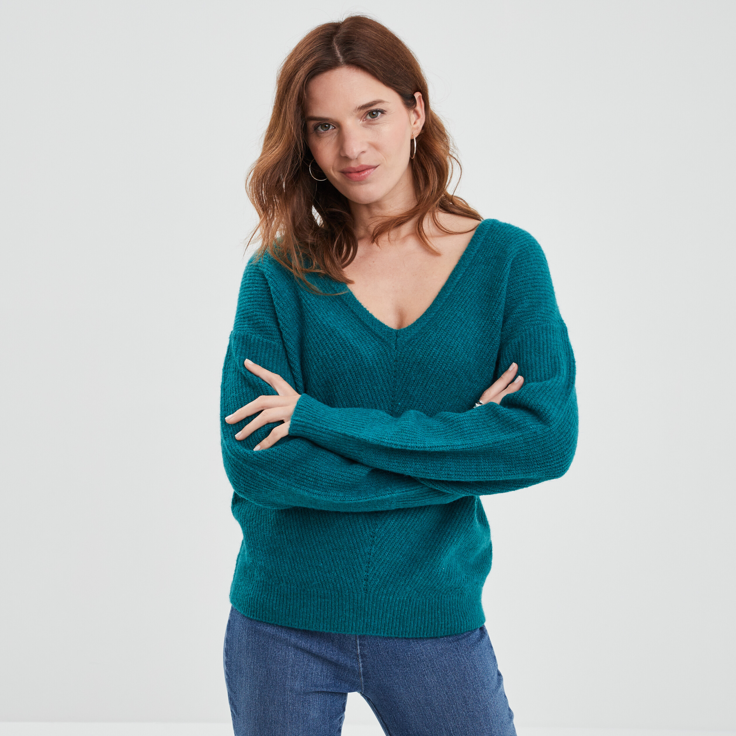 Pull réversible dos col en V bleu canard femme | La Halle