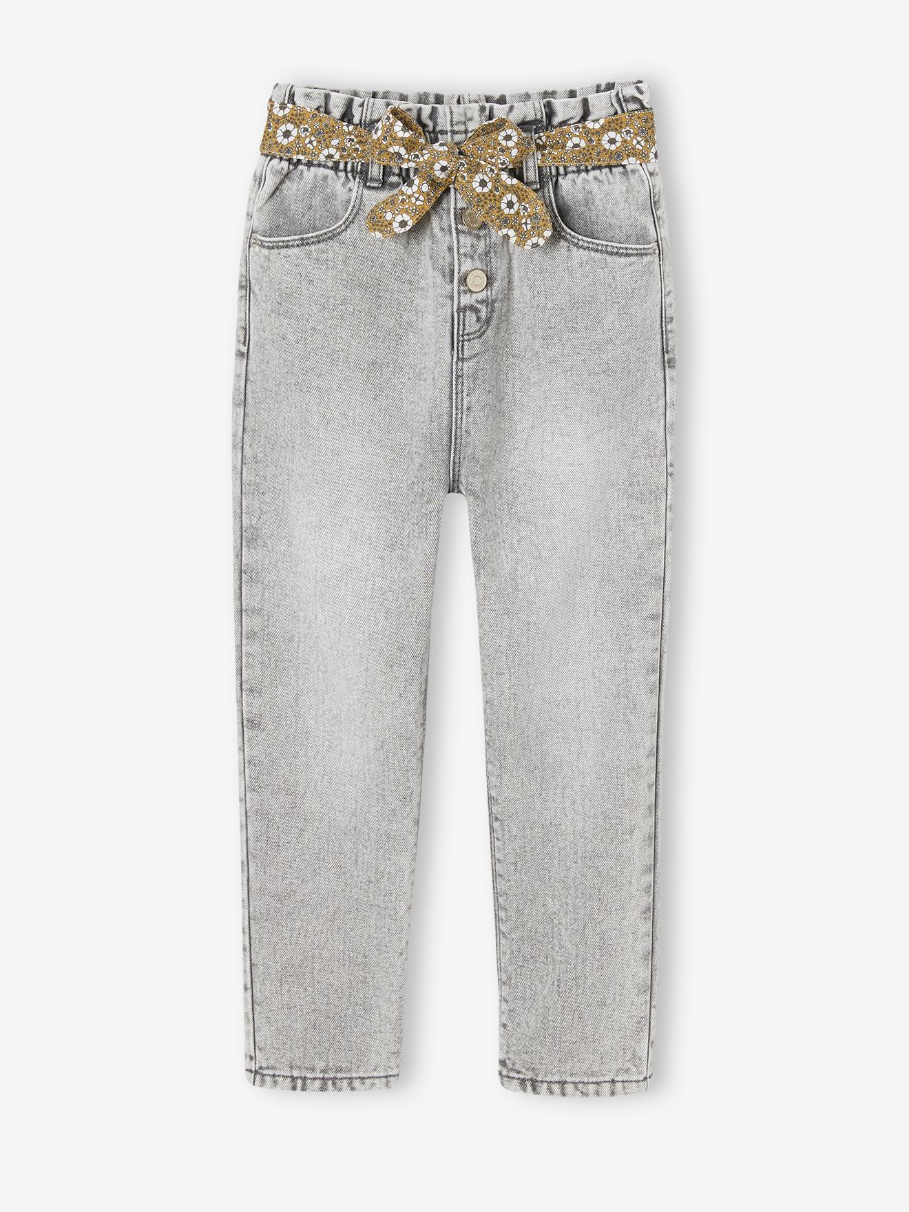 Jean style paperbag et sa ceinture fleurie fille denim black