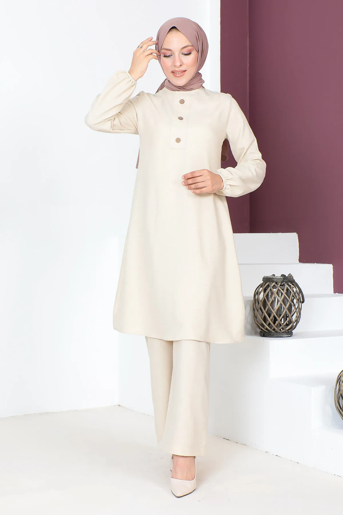 Tesettür Dünyası  Geknöpfter Doppelanzug TSD230701 Beige