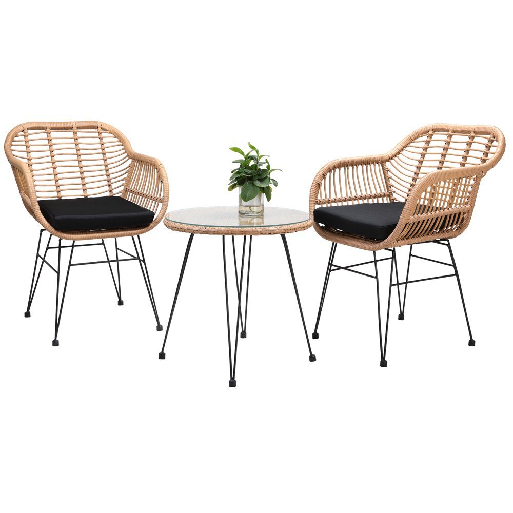Casaria Balkonset Bali, (3-tlg), 5cm Auflagen Wetterfest 5mm Sicherheitsglasplatte Höhenverstellbar