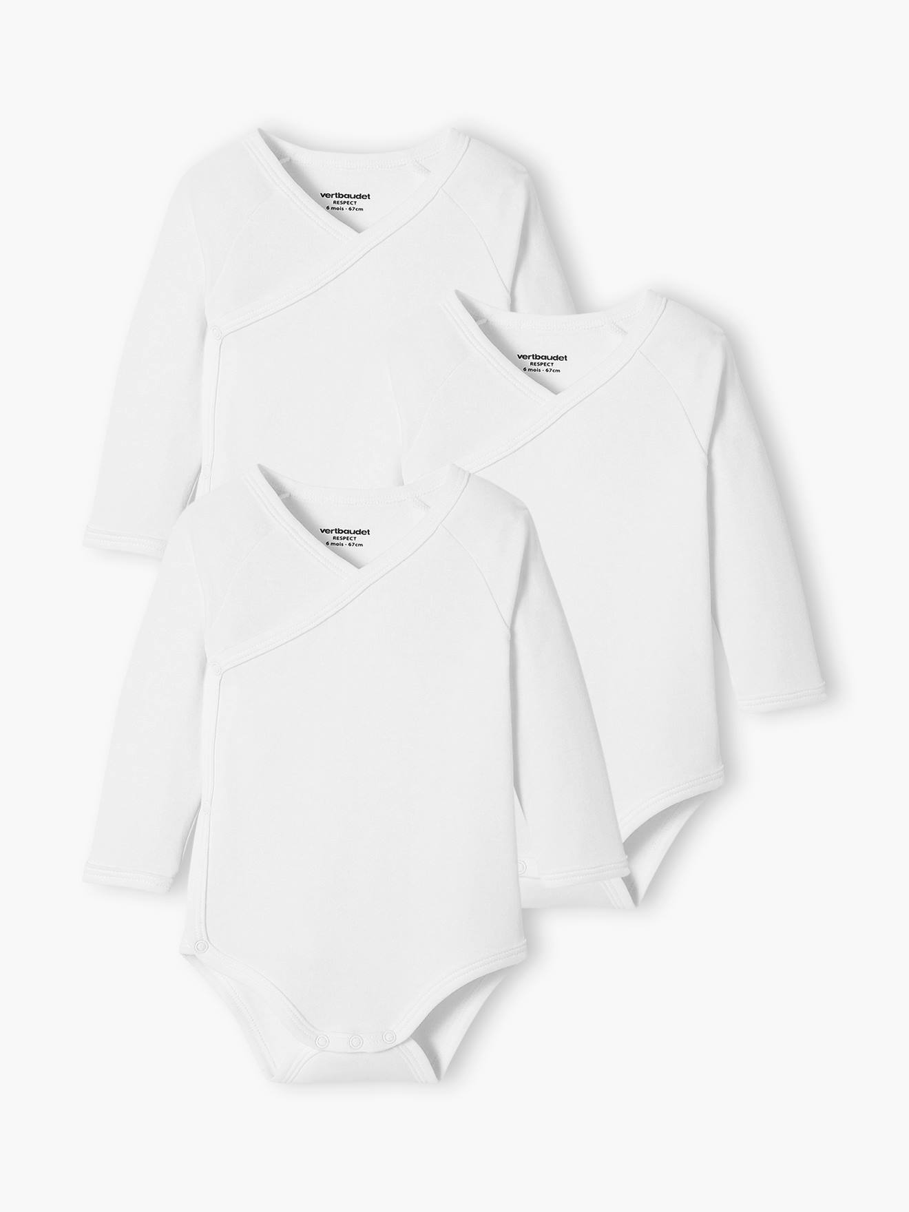 Lot de 3 bodies Bio Collection manches longues ouverture naissance BASICS lot blanc