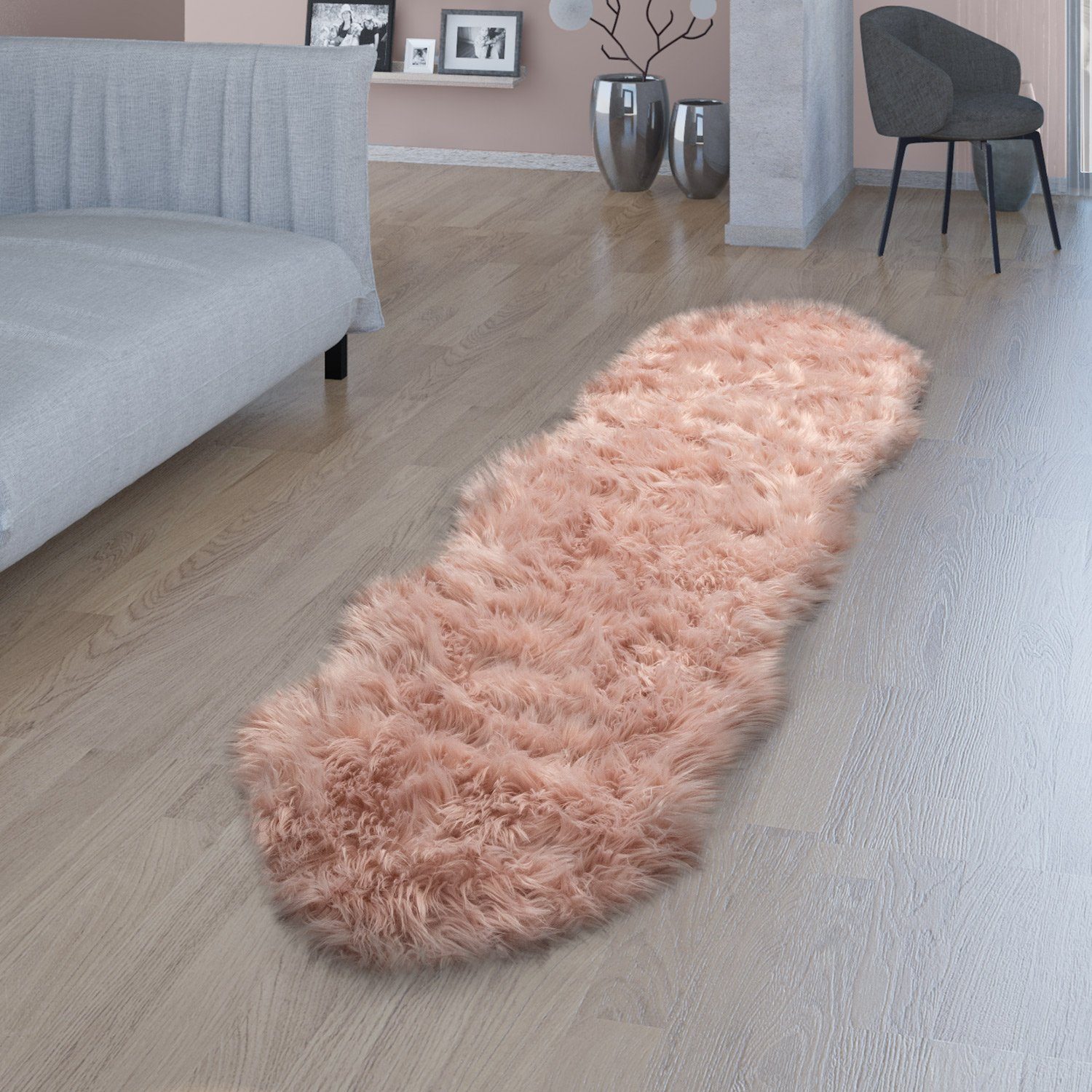 Fellteppich Wohnzimmer Hochflor Teppich Kunst-Fell Design, TT Home, rund, Höhe: 64 mm
